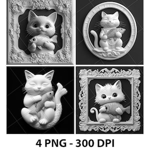 Cute Cat Eating Fish Kitten 3D Illusion Laser File PNG Slate Engrave Coaster Etch Xtool Wood Burn Black White Glowforge LightBurn Co2 Cnc