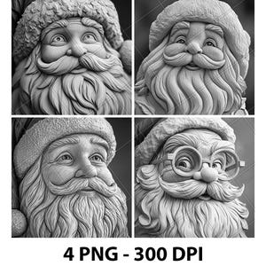 May include: A grayscale image featuring four detailed portraits of Santa Claus. Each portrait showcases a different expression and angle, highlighting his beard, hat, and facial features. The text "4 PNG - 300 DPI" is at the bottom.