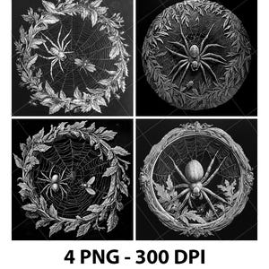 May include: Four black and white spider web designs. Each design features a spider and a web, surrounded by a wreath of leaves. The text "4 PNG - 300 DPI" is at the bottom.