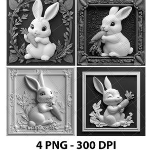 Hase Hase Essen Karotte Kaninchen 3D Illusion Laser Datei PNG Schiefer Gravur Untersetzer Etch Xtool Holz brennen Schwarz Weiß Glowforge LightBurn Co2