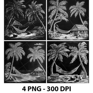 May include: Four black and white tropical scene illustrations. Each scene features palm trees, a hammock, a small hut, and coconuts. The text "4 PNG - 300 DPI" is at the bottom of the image.