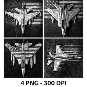 May include: A black and white digital art print featuring four images of fighter jets. Each jet is set against a backdrop of the American flag. The text "4 PNG - 300 DPI" is at the bottom of the image.