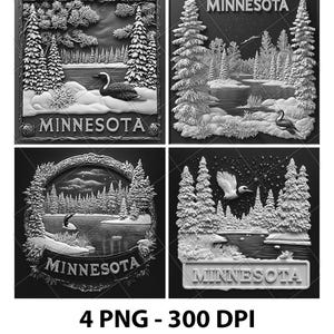 Minnesota verschneiter Winter Lake Loon 3D Illusion Laser Datei PNG Schiefer Gravur Untersetzer Etch Xtool Holz brennen Schwarz Weiß Glowforge LightBurn Co2