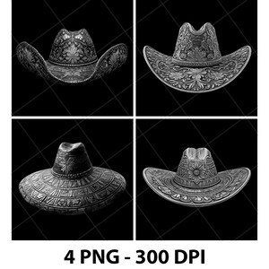 Puede incluir: Cuatro imágenes en escala de grises de sombreros de vaquero con diseños intrincados. Cada sombrero presenta patrones florales y geométricos detallados. Los sombreros se muestran sobre un fondo negro. El texto "4 PNG - 300 DPI" está en la parte inferior.