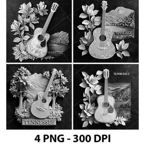 Tennessee Guitar Mountains VS 3D-illusie laserbestand PNG leisteen graveren onderzetter etsen Xtool houtverbranding zwart wit Glowforge LightBurn Co2 CNC