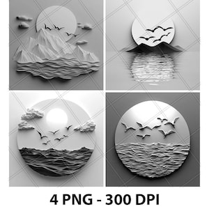 Silhouette di uccelli Mare Spiaggia Tramonto 3D Illusione Laser File PNG Ardesia Incisione Sottobicchiere Incisione Xtool Legno Brucia Nero Bianco Glowforge LightBurn Co2