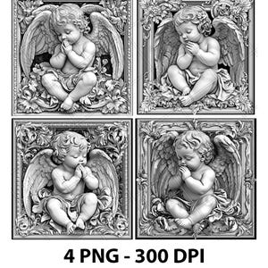 Bidden schattige baby Jezus engel 3D illusie laserbestand PNG leisteen graveren onderzetter etsen Xtool houtverbranding zwart wit Glowforge LightBurn Co2 CNC