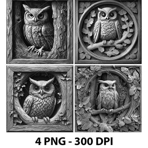 May include: Four black and white images of carved owls in different frames. Each owl is in a different pose and surrounded by different carved foliage.