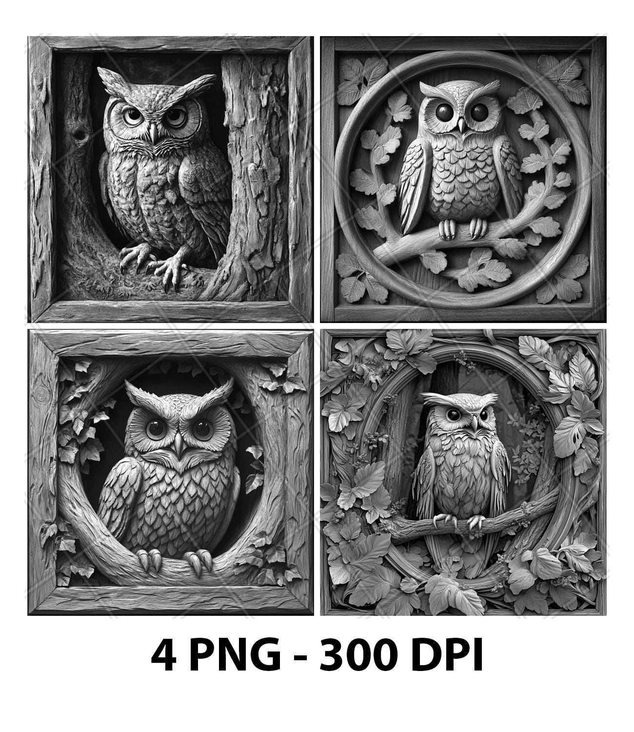 Night Owl Laser Engraving Files Wild Night Owl Bird Slate Engrave PNG Design Digital Download Graysc