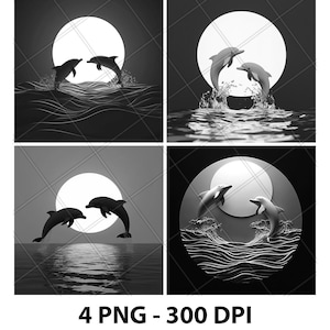 Mer plage sautant les dauphins coucher de soleil illusion 3D fichier laser PNG gravure sur ardoise sous-bock Etch Xtool gravure sur bois noir blanc Glowforge LightBurn Co2