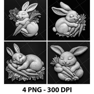 Lapin Lapin Carottes Dormir Animaux De Compagnie Illusion 3D Fichier PNG Ardoise Graver Dessous De Verre Xtool Bois Noir Blanc Glowforge LightBurn Co2 Cnc