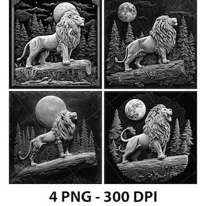 Jungle King Lion lasergravure bestanden King Lion leisteen graveren PNG-ontwerp digitale download tegels grijswaardenmodel houtpatroon afdrukafbeelding