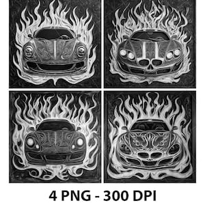 Sportwagen Skull Flames Race Vintage 3D-illusie laserbestand PNG leisteen graveren Coaster Xtool hout zwart wit Glowforge LightBurn Co2 CNC