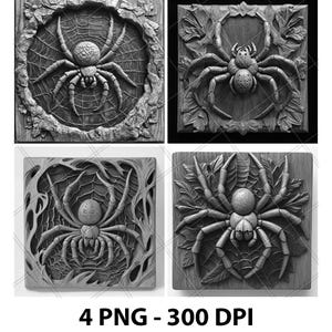 May include: Four black and white images of carved wooden spiders in different poses. Each spider is surrounded by intricate carvings of leaves and webs.