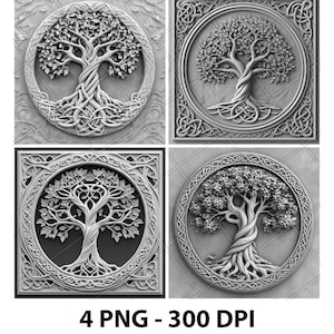Celtycki Drzewo Wiedzy Życia 3D Iluzja Laserowa Plik PNG Łupek Grawerowanie Podkładka Etch Xtool Drewno Spalanie Czarno-Białe Glowforge LightBurn Co2 CNC
