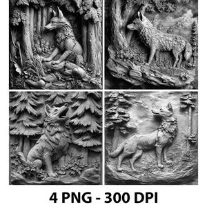 Forêt des bois forêt renard gris illusion fichier laser PNG ardoise graver sous-bock Xtool gravure sur bois noir blanc Glowforge LightBurn Co2 Cnc