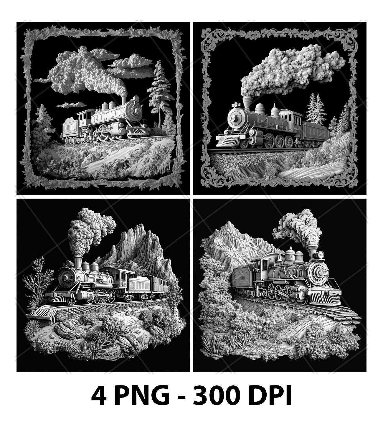 Railway Old Coal Steam Train 3D Illusion Laser File PNG Slate Engrave Coaster Etch Xtool Wood Burn Black White Glowforge LightBurn Co2 Cnc