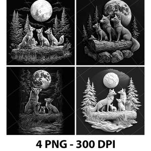 Renards Fox famille forêt jungle illusion fichier laser PNG gravure sur ardoise sous-bock Etch Xtool gravure sur bois noir blanc Glowforge LightBurn Co2 Cnc