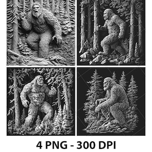 Giant Ape Gorilla Bigfoot 3D Illusion Laser File PNG Slate Engrave Coaster Etch Xtool Wood Burn Black White Glowforge LightBurn Co2 Cnc