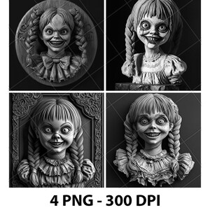 Halloween Possessed Scary Doll 3D Illusion Laser File PNG Slate Engrave Coaster Etch Xtool Wood Burn Black White Glowforge LightBurn Co2 Cnc