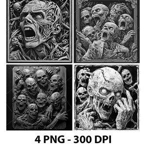 May include: Four black and white digital art prints featuring detailed illustrations of zombie-like creatures with exposed bones and teeth. The prints are set against a dark background.