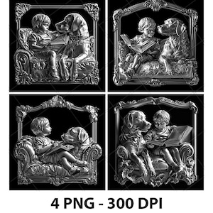 Ragazzo Bambino Lettura Libro Cucciolo Cane 3D Illusione Laser File PNG Ardesia Incisione Sottobicchiere Incisione Xtool Legno Brucia Nero Bianco Glowforge LightBurn Co2 Cnc