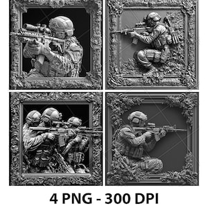 Soldados do Dia dos Veteranos Operações Especiais 3D Ilusão Laser Arquivo PNG Ardósia Gravar Coaster Etch Xtool Wood Burn Preto Branco Glowforge LightBurn Co2