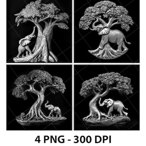 Elefante africano che si nutre di un albero di baobab 3D Illusion Laser File PNG Ardesia Incisione Sottobicchiere Xtool Legno Nero Bianco Glowforge LightBurn Co2 Cnc