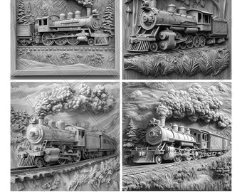 Steam Train Old Coal Railway 3D Illusion Laser File PNG Slate Engrave Coaster Etch Xtool Wood Burn Black White Glowforge LightBurn Co2 Cnc