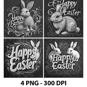 Happy Easter Bunnies Model Greeting 3D Illusion Laser File PNG Slate Engrave Coaster Xtool Wood Black White Glowforge LightBurn Co2 Cnc