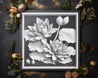 Flowers Floral Pond Lily Lotus 3D Illusion Laser File PNG Slate