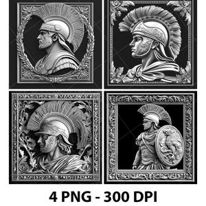 May include: Four black and white images of Roman soldiers in ornate frames. Each image features a soldier wearing a helmet and armor, with detailed facial features and a stoic expression.