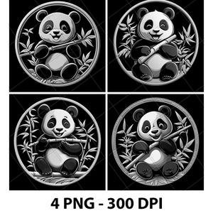 Panda Bambú Chinabear Oso Dibujos Animados Salvaje 3D Ilusión Láser Archivo PNG Pizarra Grabar Posavasos Xtool Madera Negro Blanco Glowforge LightBurn CO2 CNC