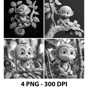 May include: Four grayscale images of cartoon monkeys in various poses. One monkey sits on a branch with leaves, another on a tree, and two others are seated among foliage. The text "4 PNG - 300 DPI" is at the bottom.