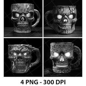 Mug Beer Skull Goblet Skeleton Spooky 3D Illusion Laser File PNG Slate Engrave Coaster Xtool Wood Black White Glowforge LightBurn Co2 Cnc