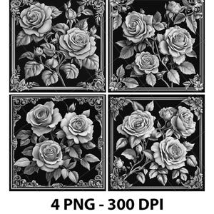 Floral Decors Roses Flowers 3D Illusion Laser File PNG Slate Engrave Coaster Etch Xtool Wood Burn Black White Glowforge LightBurn Co2 Cnc