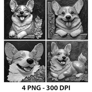 May include: Four grayscale images of smiling corgi dogs in a relief style. Each image shows a different pose of the dog, with details like fur and facial expressions. The text "4 PNG - 300 DPI" is at the bottom.
