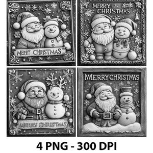 May include: Four grayscale Christmas-themed images. Each image features Santa Claus and a snowman, with the text "MERRY CHRISTMAS" on a banner. The images are framed and surrounded by snowflake designs. The bottom of the image displays "4 PNG - 300 DPI".