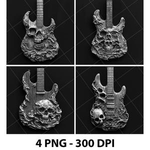 以下が含まれることがあります： スカルデザインの、スタイリッシュなエレキギターの4つのグレースケール画像。各ギターは、ボディに詳細なスカルカービングが施され、複雑な花柄または有機的なパターンが特徴です。「4 PNG - 300 DPI」のテキストが下にあります。