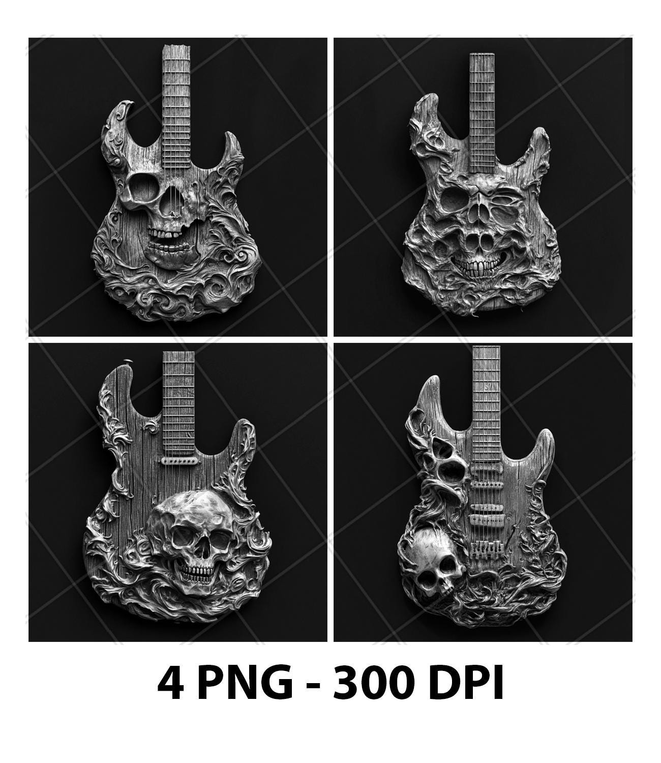 スカルアート Electric Guitar Skull Gothic Skeleton 3D Illusion Laser File PNG