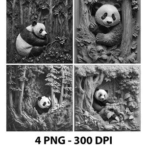 Bos dieren in het wild beer panda 3D illusie laserbestand PNG leisteen graveren onderzetter etsen Xtool houtverbranding zwart wit Glowforge LightBurn Co2 CNC