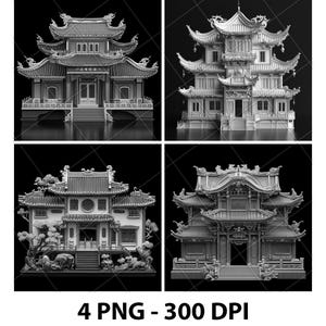 Könnte beinhalten: Vier Graustufenbilder von detaillierten Gebäuden im asiatischen Stil mit verzierten Dächern und architektonischen Merkmalen. Die Bilder sind in einem 2x2-Raster vor einem schwarzen Hintergrund angeordnet. Der Text "4 PNG - 300 DPI" befindet sich unten.