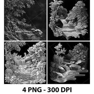 Peut inclure: Quatre impressions d'art numérique en noir et blanc représentant des paysages détaillés. Chaque impression présente un environnement naturel différent, notamment des cascades, des arbres et de l'eau qui coule. Le texte "4 PNG - 300 DPI" est en bas.