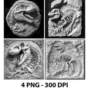 May include: Four black and white images of a dinosaur skeleton in a stone frame. The dinosaur is in a variety of poses, including standing, lying down, and roaring.