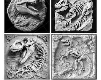 Dinosaur Fossil Jurassic Bones 3D Illusion Laser File PNG Slate Engrave Coaster Etch Xtool Wood Burn Black White Glowforge LightBurn Co2 Cnc
