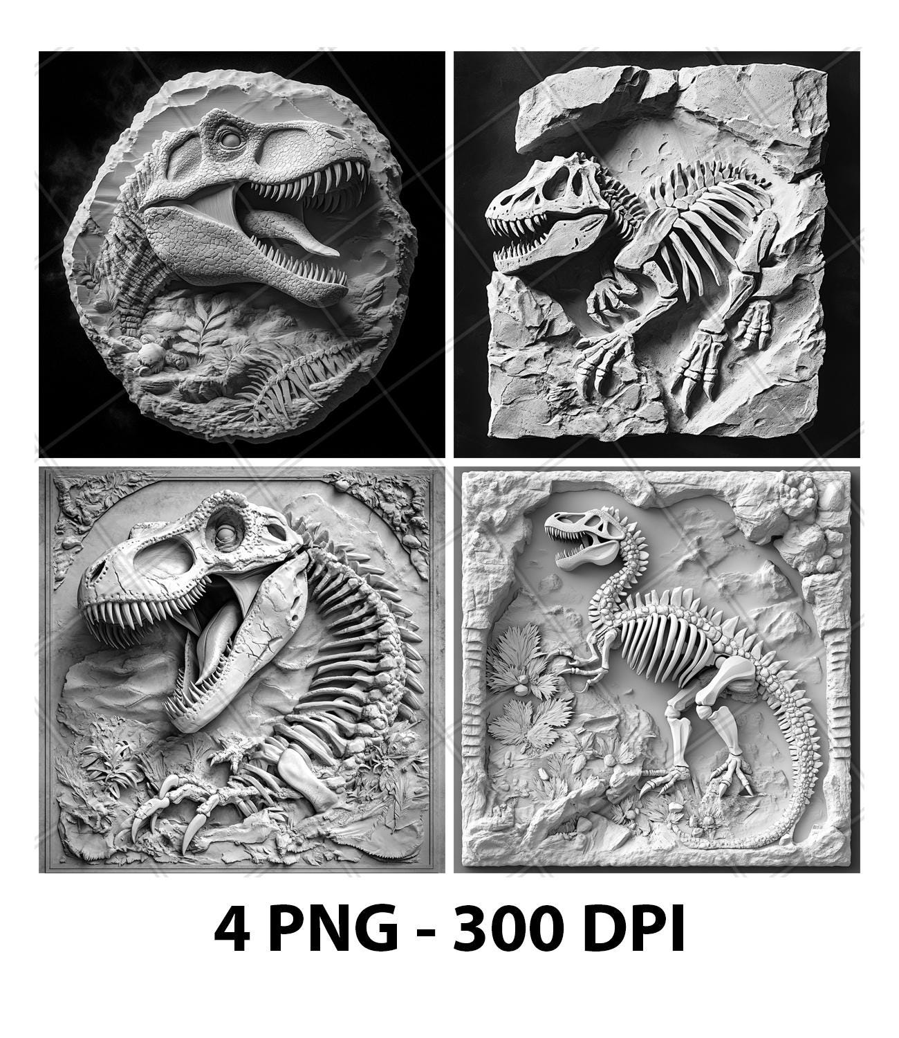 Dinosaur Fossil Jurassic Bones 3D Illusion Laser File PNG Slate