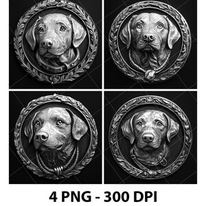 Può includere: Quattro immagini in scala di grigi di ritratti di cani in cornici circolari ornate. Ogni ritratto presenta una rappresentazione dettagliata della testa e delle spalle di un cane, circondata da un bordo decorativo. Il testo "4 PNG - 300 DPI" è in basso.