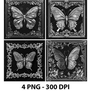 May include: Four square images featuring detailed, grayscale butterfly illustrations within ornate, decorative frames. The butterflies have intricate wing patterns. The text "4 PNG - 300 DPI" is at the bottom.