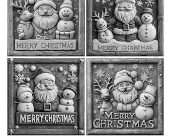 Snowman Reindeer Santa Christmas 3D Illusion Laser File PNG Slate Engrave Coaster Etch Xtool Wood  Black White Glowforge Light Co2