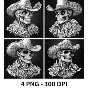 May include: Four black and white digital illustrations of a skull wearing a cowboy hat with floral details. The skull has a sugar skull design with intricate details.